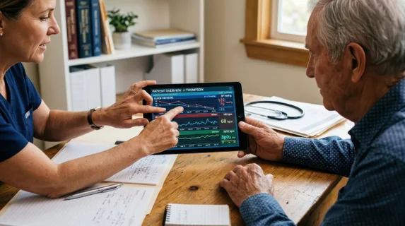 Close-up of a doctor's hands holding a tablet displaying colorful patient health charts and vital sign graphs, sitting across from an elderly patient in a consultation