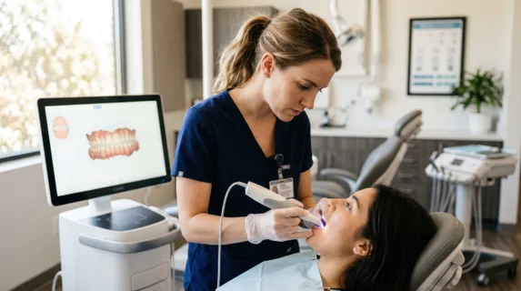 a 28-year-old white female orthodontist, focused intently on scanning a patient's teeth with an intraoral scanner, set within a modern dental clinic. the foreground