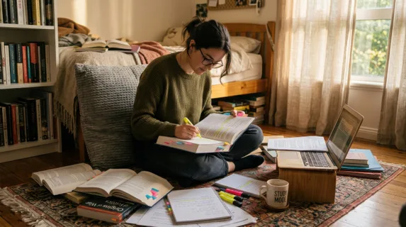 Student sitting cross-legged on bedroom floor surrounded by open books, highlighters, sticky notes on pages, laptop nearby, comfortable cushion behind back, warm