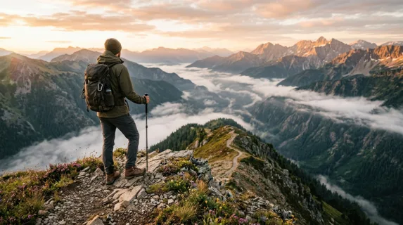 A lone hiker in neutral-toned gear stands on a misty mountain ridge at golden hour, gazing across layered valleys with dense forests below, morning fog rolling through