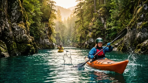 Two kayakers paddling through crystal-clear turquoise water surrounded by towering rocky cliffs and lush green forest, paddles creating dynamic splashes mid-stroke,