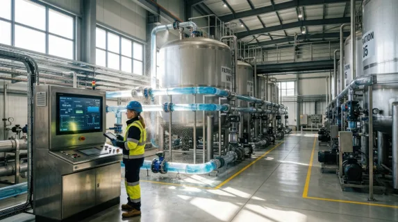 Industrial water filtration facility with large cylindrical steel tanks, clear blue water flowing through transparent pipes, technician in safety gear monitoring control