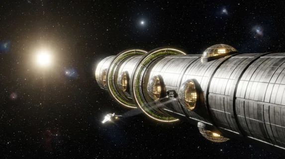 Concept render of a generation ship in deep interstellar space, enormous cylindrical habitat rotating slowly to generate gravity, agricultural rings and transparent habitat domes visible along the