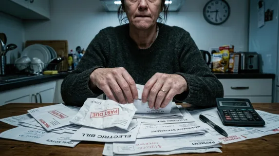 Close-up of trembling hands sorting through bills and bank statements at a kitchen table, calculator and pen nearby, worried facial expression partially visible, stack of