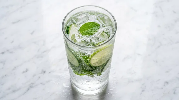 A glass of sparkling water with cucumber, mint, and lime slices from directly above, ice cubes still intact catching light, condensation running down the outside of a tall glass, a marble surface
