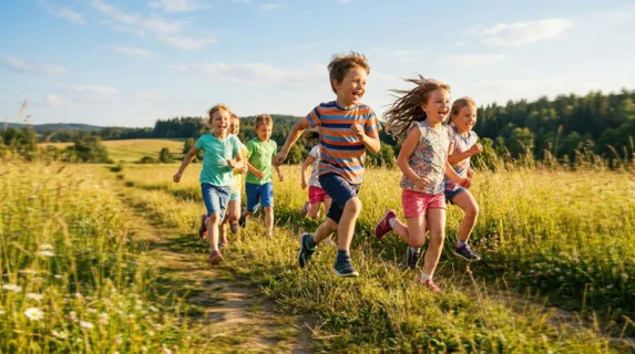 Group of energetic children sprinting across a bright, sunlit meadow in summer, legs bent mid-stride, arms pumping with pure joy, motion blur trailing behind their bodies