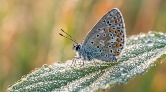 A close-up macro view of a butterfly resting on a dew-covered leaf at sunrise, tiny water droplets reflecting the surrounding greenery, delicate wing patterns sharply defined, background melting into