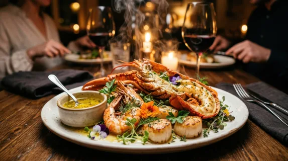 Steaming hot seafood platter with lobster tail, jumbo shrimp, and scallops arranged on white ceramic, melted butter sauce pooling nearby, fresh herbs and edible flowers