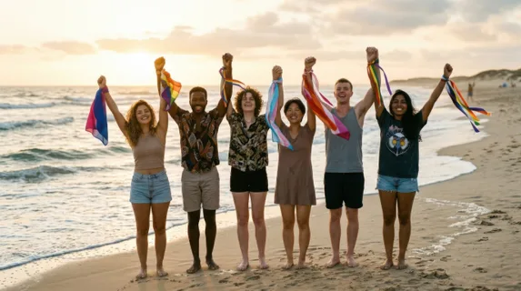 A diverse group of friends standing together on a sandy beach at golden hour, arms linked and raised high, colorful pride flags gently billowing in the ocean breeze,