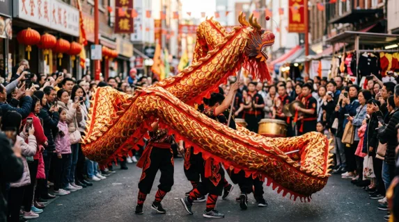 Vibrant red and gold dragon costume undulating through a crowded street festival, silk fabric rippling in waves, multiple performers hidden beneath raising and lowering