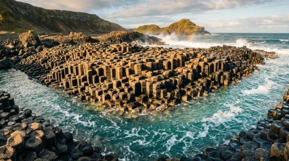 A perfect hexagonal basalt column formation emerging from a calm coastal inlet, hundreds of symmetrical six-sided stone pillars of varying heights rising from shallow