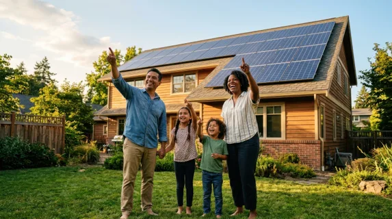 Family of four standing in backyard looking up at their newly installed solar array on home roof, genuine smiles and pointing gestures, afternoon lighting creating warm