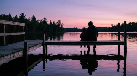 Father and child sit together on a dock overlooking calm water at dusk, their silhouettes reflecting on the still surface below, child nestled close beside father figure,