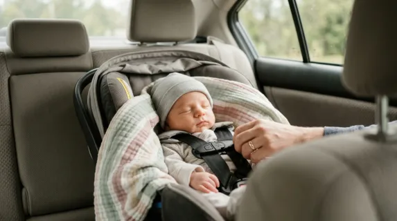 Newborn infant securely fastened in rear-facing car seat, soft pastel blankets tucked around sides, gentle natural light streaming through car window illuminating baby's