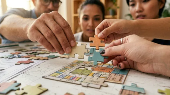 Close-up of three hands simultaneously placing paper puzzle pieces together on a white surface, concentrated expressions visible above, scattered remaining puzzle pieces