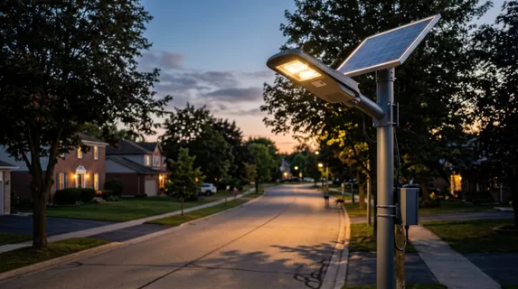 Modern solar street light standing tall at dusk in a quiet suburban residential street, its sleek pole with integrated solar panel glowing softly as streetlights