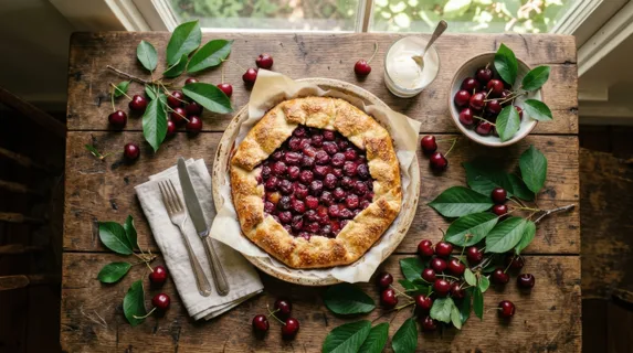 an overhead view captures the cherry galette at the center of the rustic table, surrounded by a scattering of fresh cherries and lush green leaves. the contrasting colors