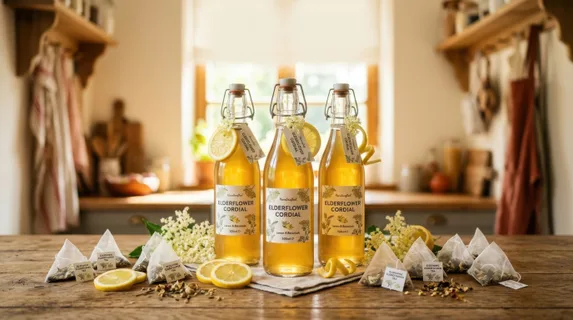 a graphic commercial layout presents swing-top bottles centered in an elegant arrangement, filled with golden elderflower cordial and adorned with fresh lemon slices, all