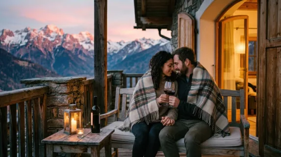 Two people sitting on a private balcony overlooking mountains at sunset, sharing a glass of wine, cozy blanket draped over their shoulders, candlelit table beside them,