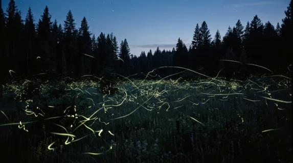 Long exposure photograph of firefly swarms over a dark meadow at the edge of a pine forest, hundreds of bioluminescent light trails creating a three-dimensional web of