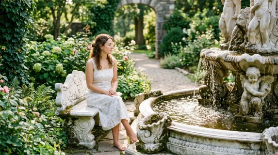 Serene woman in summer dress sitting on marble bench beside ornate fountain, water cascading over sculptured stone figures, sunlight creating dancing reflections on her