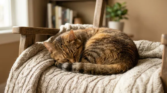 Tabby cat curled into a tight circular ball on a soft knit blanket draped over furniture, eyes closed in deep sleep, tail wrapped protectively around body, intricate fur
