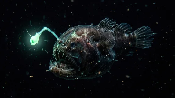 A deep-sea anglerfish hovering motionless in absolute blackness, its bioluminescent lure glowing a ghostly pale green, translucent tissue revealing faint organ shapes