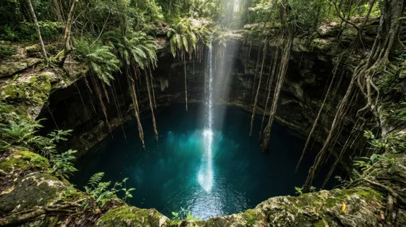 A flooded limestone sinkhole in the Yucatan jungle viewed from the rim looking down, the circular opening framing a blue-green water surface 20 meters below, the walls draped in hanging roots and