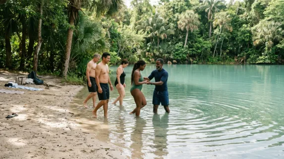 a serene outdoor scene captures a 40-year-old black male swimming instructor gently guiding a group of swimmers into a calm lake, framed by tropical greens and sandy