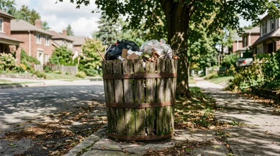 Aged wooden-slat and metal banded waste container in residential neighborhood, filled with household refuse and seasonal debris, vintage patina and weathered appearance,