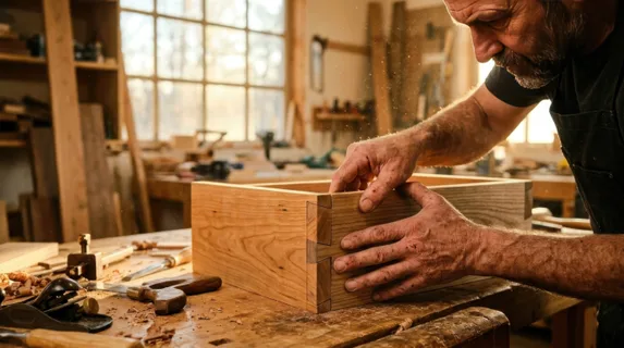 Skilled carpenter's hands precisely fitting wooden dovetail joints together, sawdust particles floating in golden afternoon sunlight streaming through workshop windows,