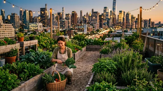 A rooftop urban farm at dusk above a dense cityscape, raised wooden planter beds overflowing with leafy greens and flowering herbs, a young farmer in linen apron