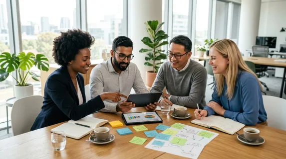 Modern diverse team of four professionals gathered around a sleek wooden conference table, colorful sticky notes and sketches scattered across the surface, one person