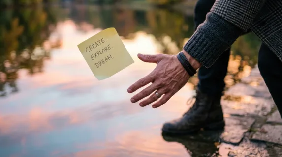 a close-up shot of the eastern european male fashion influencer's hand reaching towards a floating oversized sticky note, with soft pastel colors reflected in the water