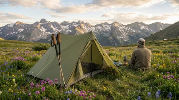 A solo hiking tent pitched on a high alpine meadow in summer, snow-capped peaks behind, wildflowers at the doorway, a pair of trekking poles leaning against the tent, the self-sufficient romance of