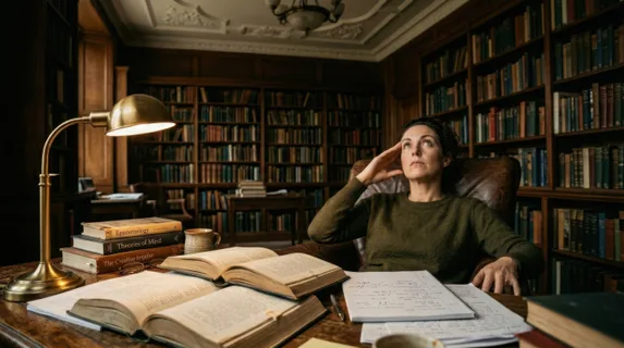 Intellectual woman leaning back in a leather chair, eyes focused on a ceiling with hand pressed to temple, surrounded by open books and notepads scattered across wooden