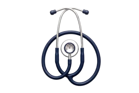 Night nurse stethoscope with dark navy tubing, polished silver chest piece, coiled earpieces showing metallic sheen and rubber texture detail, isolated on pure