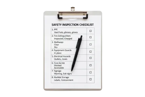 Safety engineer clipboard with checklist form, silver metal clip, white paper with typed safety inspection items, black ballpoint pen resting on top, isolated