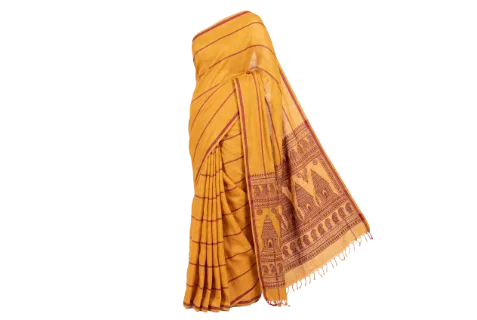 Handwoven linen sari in warm saffron yellow with burgundy silk stripe running through the length, fine drape shown with gathered folds, traditional temple motif
