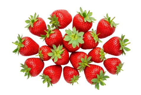 Fresh vibrant strawberries with glossy deep red skin and bright green leafy crowns, arranged in loose cluster showing natural surface dimples and seeds
