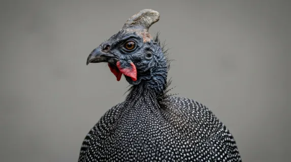 A helmeted guinea fowl portrait isolated on a neutral backdrop, black plumage with white spots, distinctive head detail and sharp avian character, ultra-realistic, no logos.