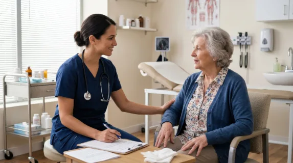 A female healthcare worker talking with a senior patient while seated in an examination room, clean medical interior, calm expressions, soft clinical light, attentive caregiving atmosphere,