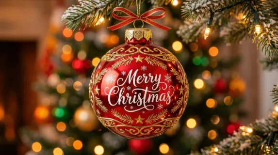 A red Christmas bauble ornament with white merry Christmas lettering, shiny metallic surface and elegant gold details, polished festive product style, ultra-realistic, no logos.