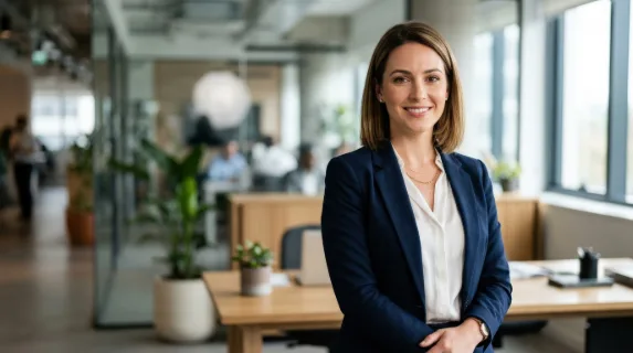 Portrait of a young businesswoman looking at the camera in an office, confident gaze, soft background blur, polished attire, balanced daylight, refined and approachable atmosphere, ultra-realistic, no