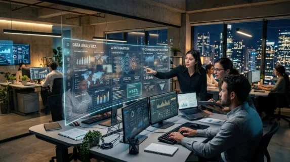 A digital transformation scene with AI integration, data analytics and e-commerce operations across layered business interfaces, modern office glow, smart automation atmosphere, ultra-realistic, no