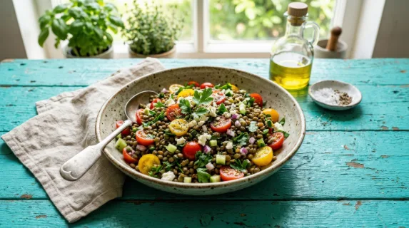 A healthy lentil salad with fresh tomatoes and parsley in a bowl on a bright turquoise wooden table, rustic textures and lively natural color, fresh wholesome atmosphere, ultra-realistic, no logos.