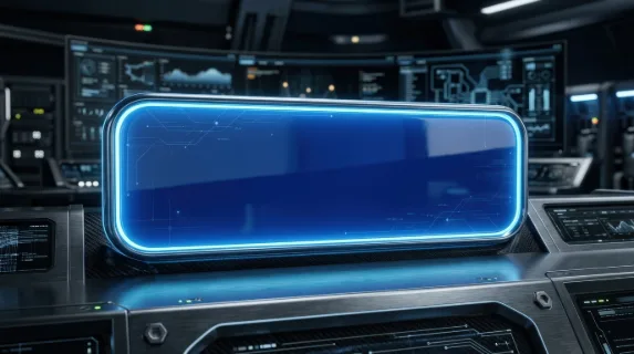 A glossy rounded blue rectangle panel with gentle glow, minimal abstract technology styling and polished UI banner appearance, ultra-realistic, no logos.