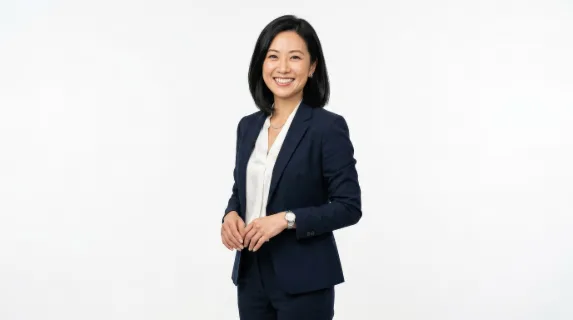 A happy businesswoman with black hair isolated on a clean white background, polished professional styling, warm smile, bright studio light, ultra-realistic, no logos.