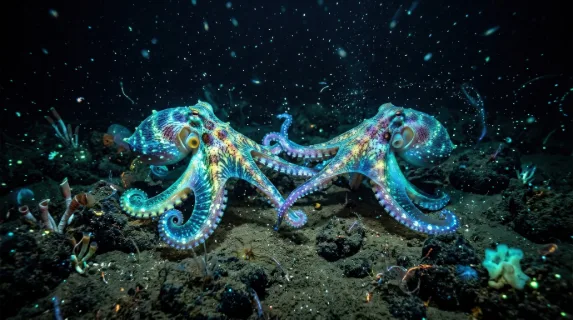 Two bioluminescent octopuses interacting on the ocean floor, glowing multicolored bodies, drifting particles and mesmerizing underwater wonder, ultra-realistic, no logos.