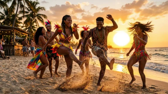 Carnival friends dancing on the beach, colorful movement, glowing sun, sand kicked into the air, festive rhythm and tropical energy, ultra-realistic, no logos.